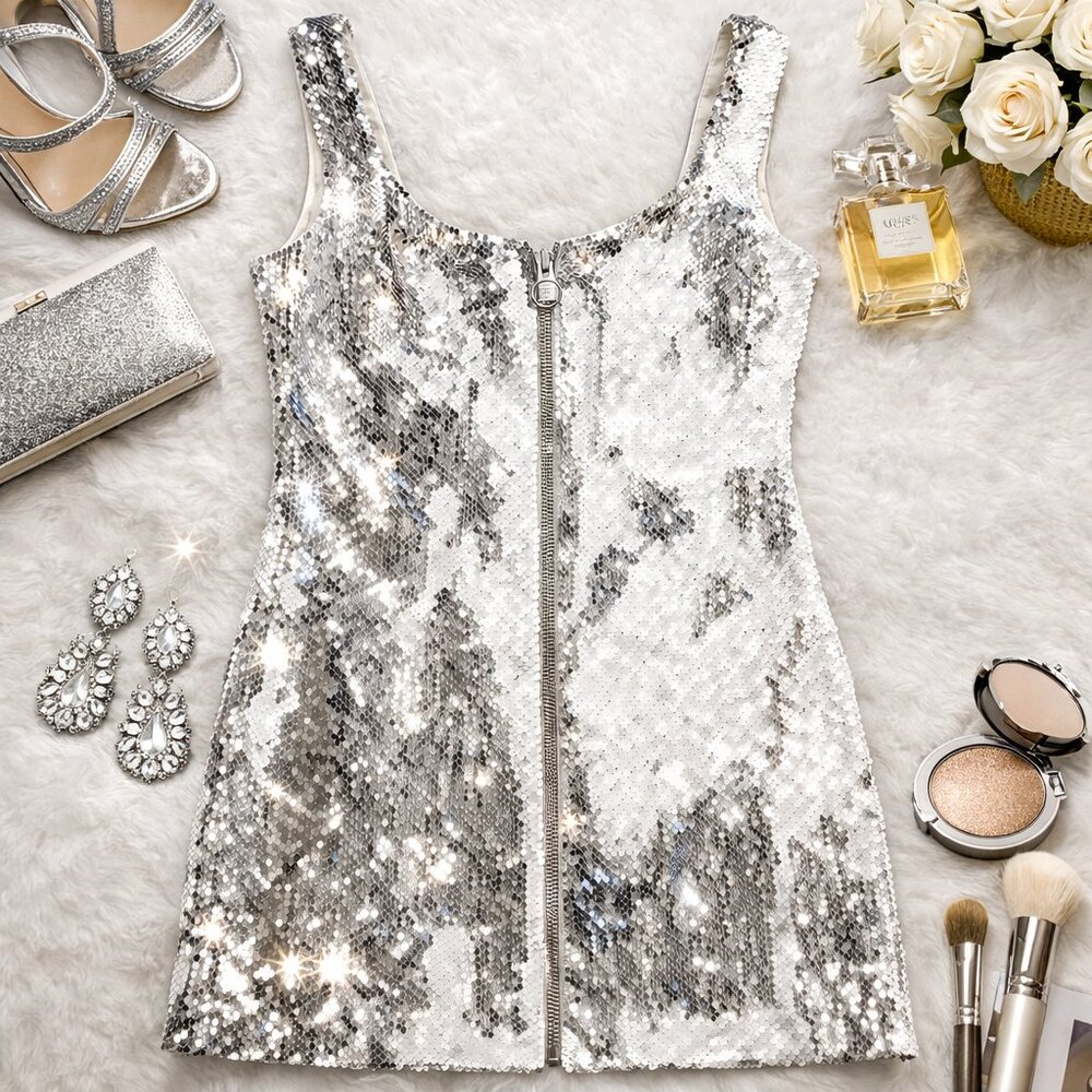 Lovers + Friends Silver Sequin Mini Dress with Front Zip